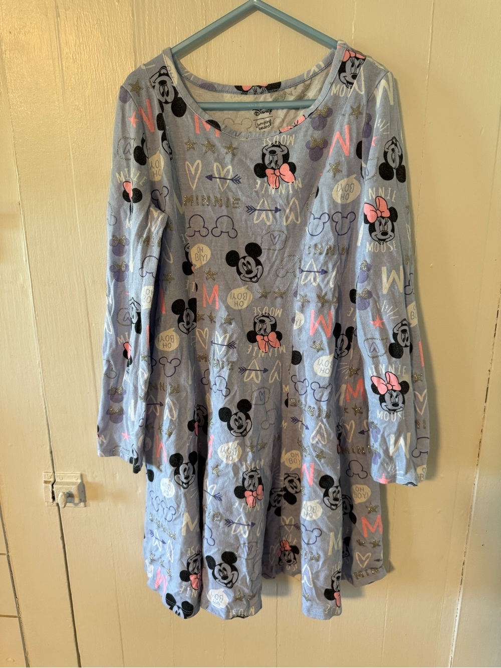 Disney Light Blue Minnie & Mickey Print Long Sleeve Dress with Pink Bows